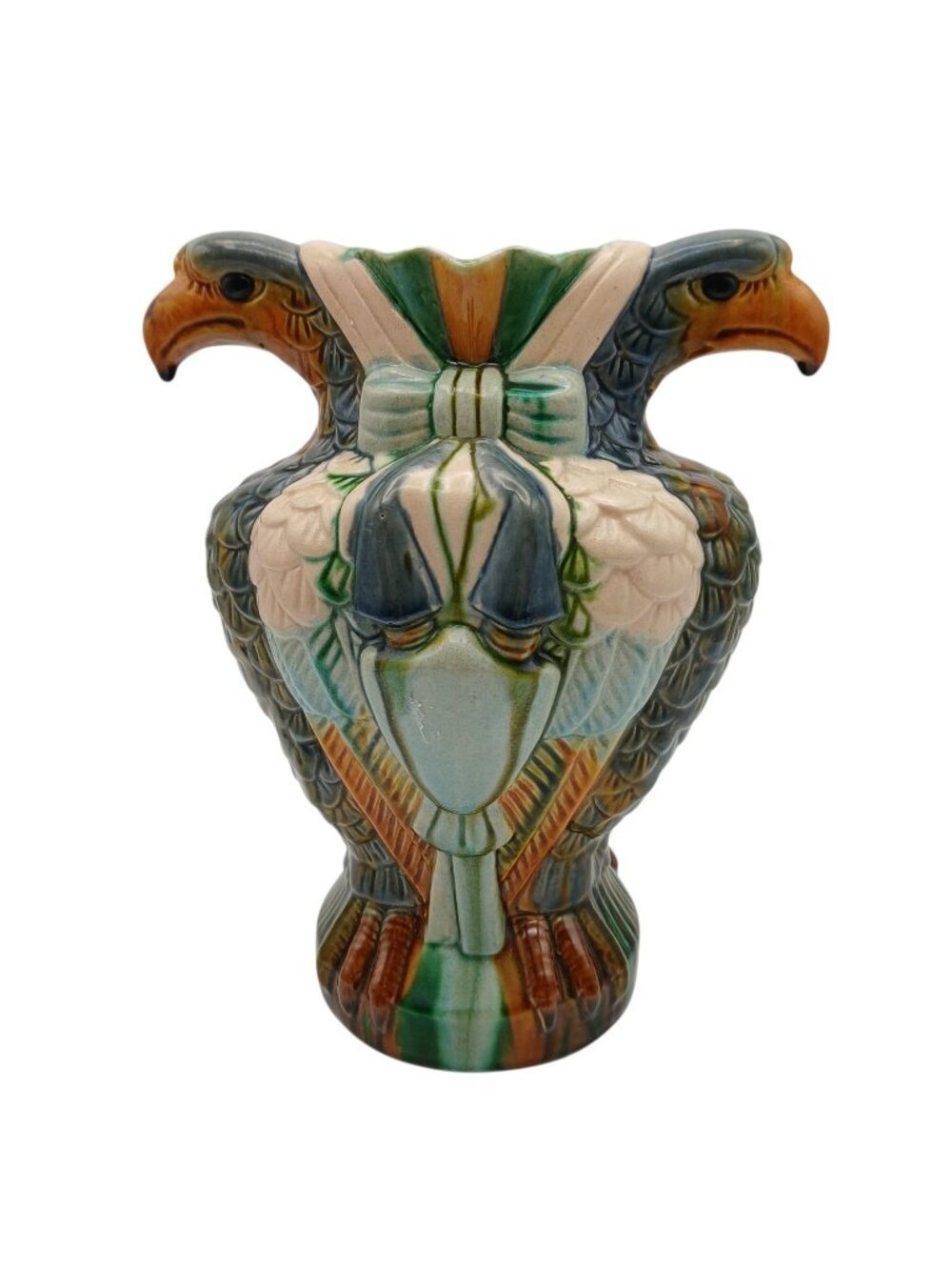Majolica Double Eagle Head Vase Sculptural Ceramic Urn 9.5" Patriotic Revival